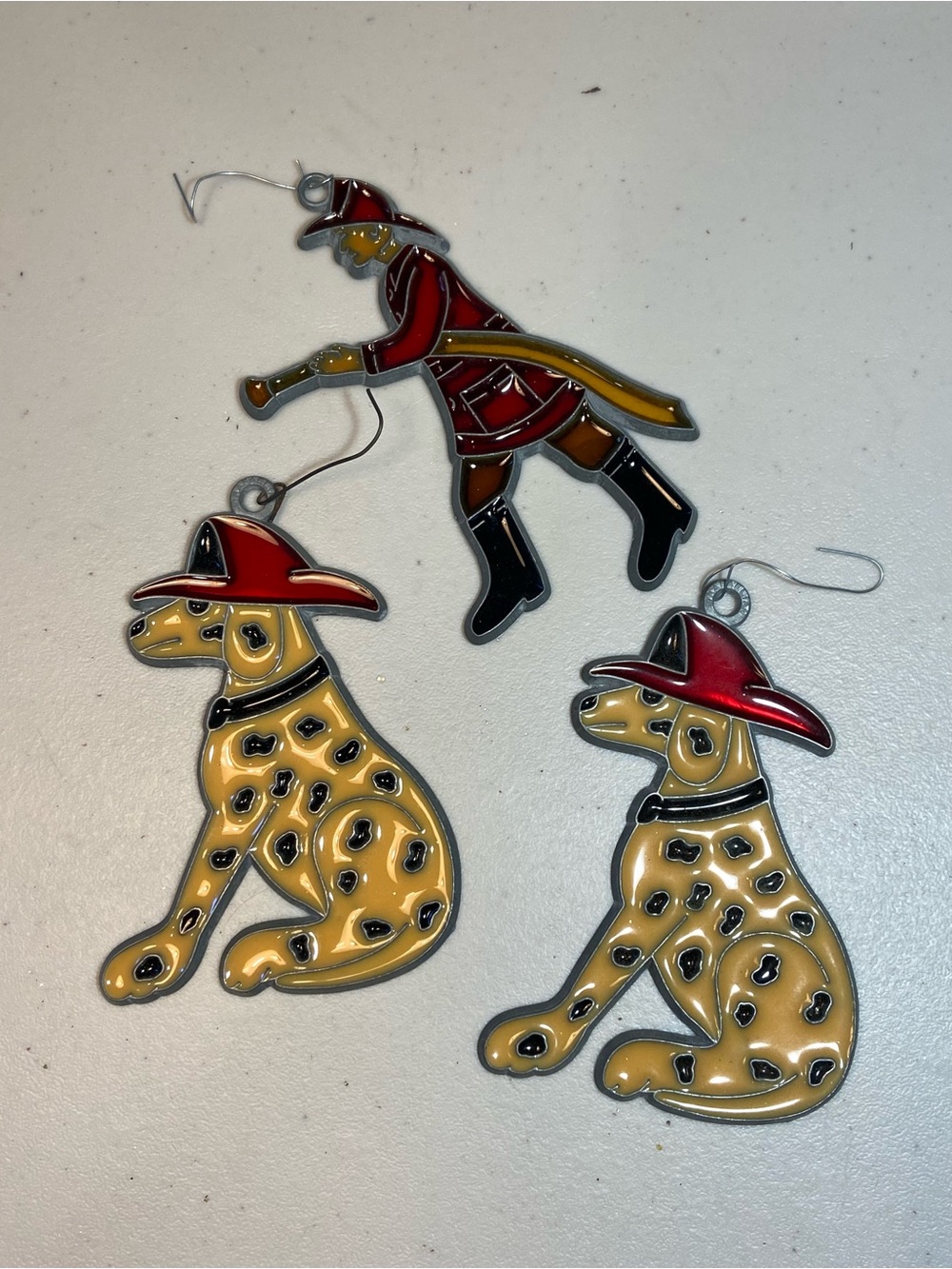 Vintage Red-Hat Dalmatian & Firefighter Stained Glass Ornament Set of 3